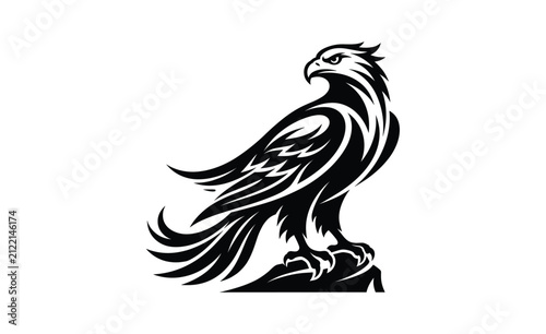 Majestic Eagle silhouette perched on rock during windy weather with flowing feathers vector