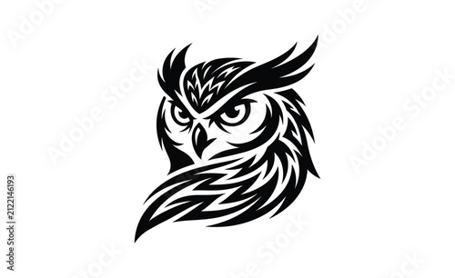 Intense Owl Silhouette with Tribal Accents on White Background Vector