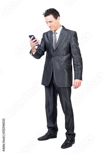 Content man in suit browsing smartphone, transparent background