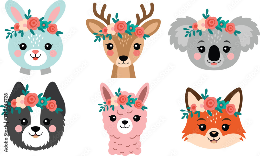 Naklejka premium Set of cute cartoon woodland animal vector illustration featuring cute faces wearing floral crowns