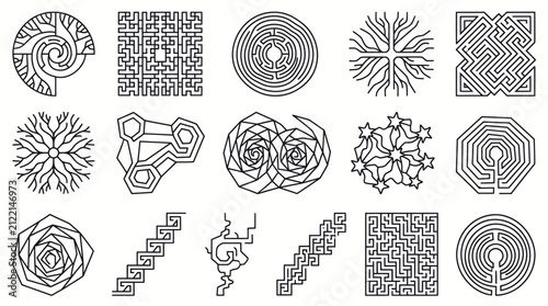 Canvastavla Collection of intricate line art mazes and labyrinths in various geometric shapes