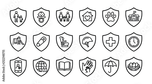 Shield Category Icon Set – Family, Medical, Globe and Award Line Icons
Shield category icon set featuring family, medical cross, globe, umbrella and award shield line icons. Perfect for insurance, pro