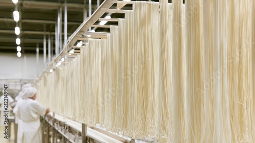 Workers in white coats monitor noodles hanging in a factory