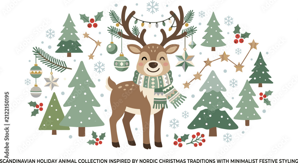 Naklejka premium Cute reindeer with scarf and christmas decorations in scandinavian style, vector illustration