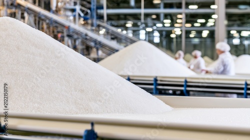 Large piles of sugar dominate the clean factory floor