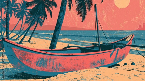 A small wooden boat rests on a sandy beach with palm trees and the ocean in the background.