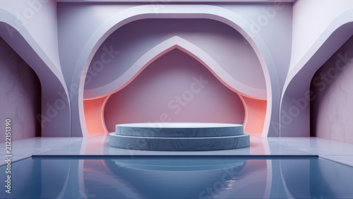 Minimalist interior. Marble pedestal centered within arched alcove. Soft lighting creates dramatic, reflective surfaces. Elegant, modern design.