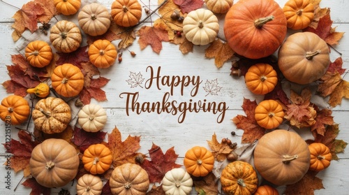 Happy thanksgiving greeting card with a decorative frame of assorted pumpkins and colorful autumn fall leaves