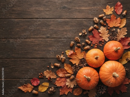 Rustic wooden background with orange pumpkins and colorful autumn leaves for a festive thanksgiving holiday celebration