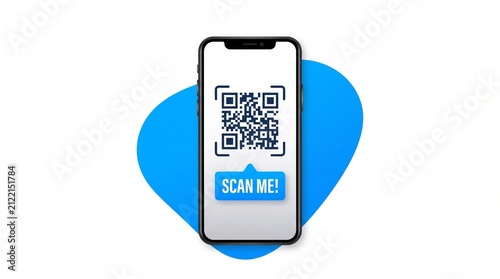 Smartphone displaying qr code with scan me speech bubble graphic on blue abstract background with interaction