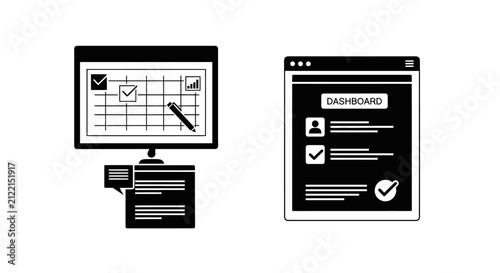 Analytical dashboard and document review icons for business management.