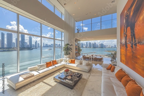 Bright penthouse interior with city skyline, water view, and modern decor. Use for luxury real estate ads, interior design, or travel marketing.