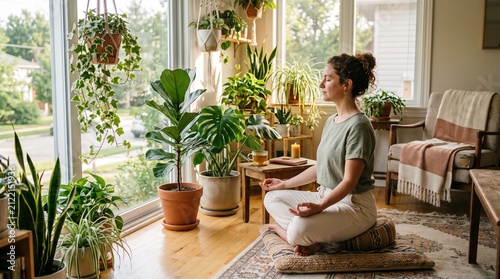 Woman meditating in a sunlit room filled with houseplants.