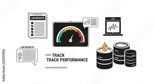 Analytics dashboard icons for laboratory results and performance tracking.