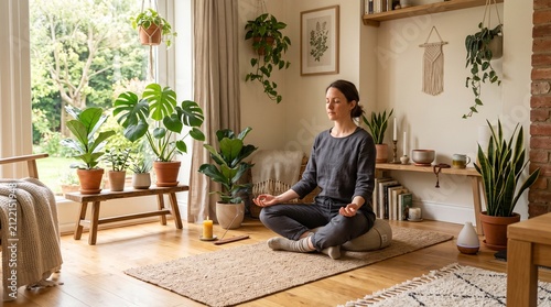 Woman meditating in a bright plant filled living room.