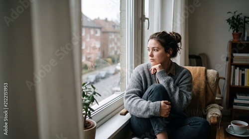 Woman sitting by window holding cat in cozy room.