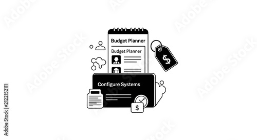 Abstract composition of budget planner and finance icons.