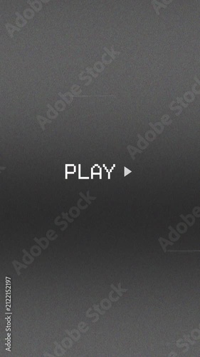 Retro vertical VHS glitch animation with white pixelated play text on a grainy black background Video 4K