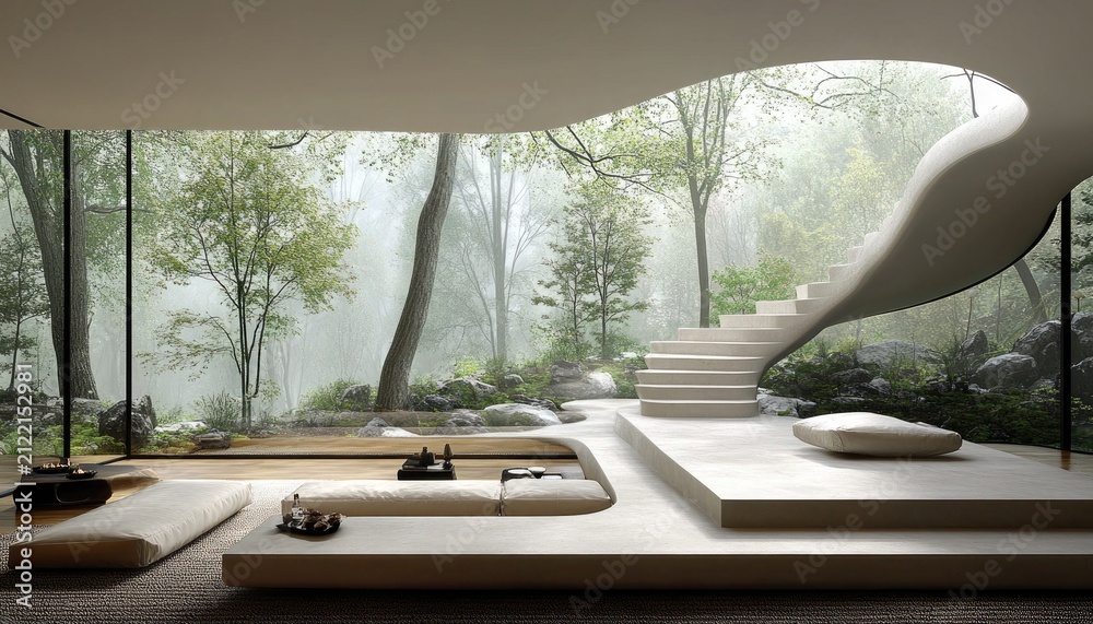 Fototapeta premium Modern house interior with stairs faces a lush, foggy forest scene outside. Use it for design inspiration or conveying peace, nature connection.