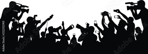 Fotografie Press Photographer Crowd Silhouette with Cameras and Media Coverage Background
