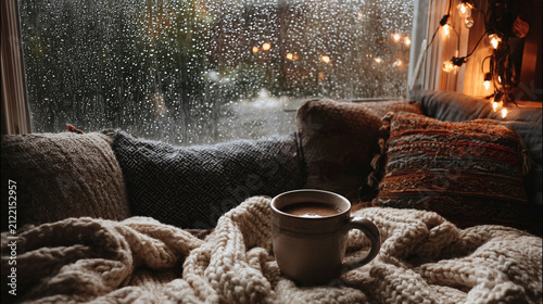 Steaming ceramic mug of coffee resting on soft knitted blanket beside rainy window at night time