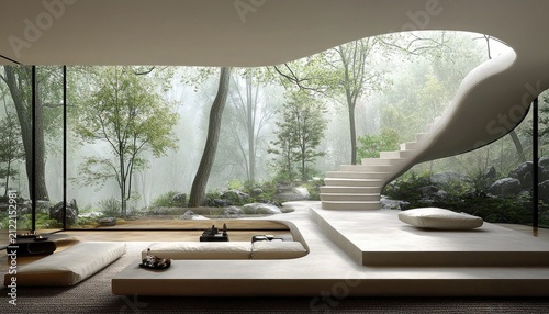 Modern house interior with stairs faces a lush, foggy forest scene outside. Use it for design inspiration or conveying peace, nature connection.
