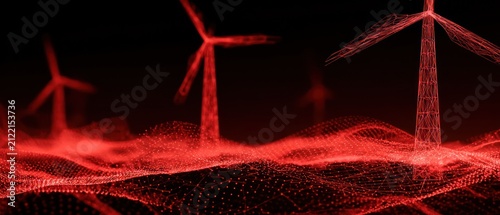 Abstract red wireframe wind turbines on digital landscape