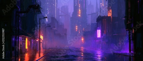 Cyberpunk city street at night with neon lights and reflections