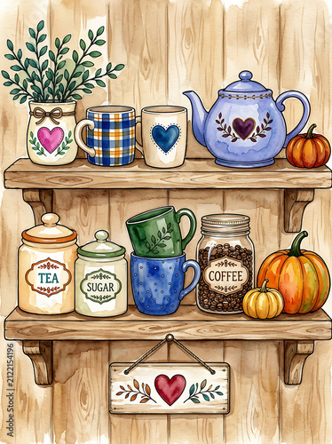 Rustic Autumn Kitchen Shelf with Cozy Mugs Watercolor Illustration