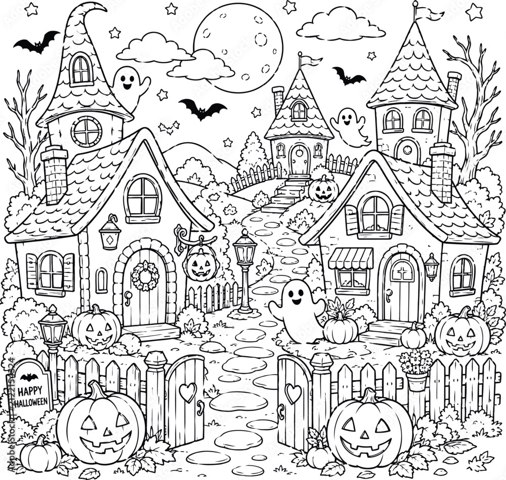 Naklejka premium Whimsical halloween village coloring page featuring cute ghosts jack o lanterns and spooky houses under a full moon