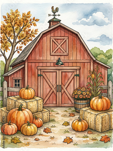 Rustic Red Barn with Pumpkins Autumn Watercolor Illustration