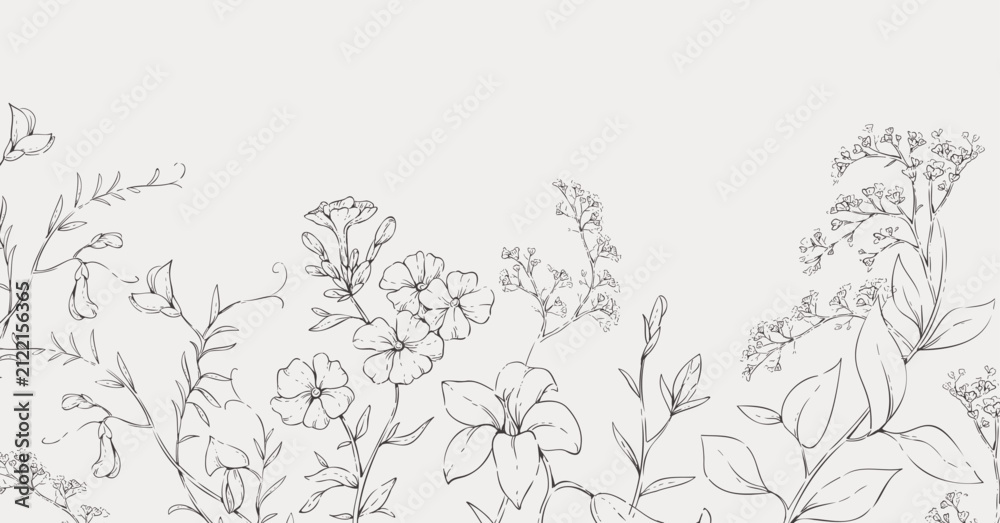 Naklejka premium Background with various flowers and frames. Luxury floral collection for wedding invitation, wallpaper art or save the date card. Botanical illustration