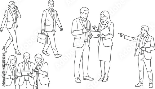 Diverse groups of business people walking, talking, and collaborating in professional office settings line art style