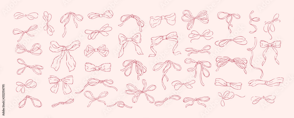Obraz premium Set of whimsical bows. Hand drawn linear doodle design elements for decoration print or save the date card
