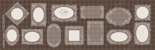 Set of cottagecore floral lace frame. Vintage dollies napkin with floral elements for wedding invitations or collage. Elegant embroidery handkerchief, hand drawn