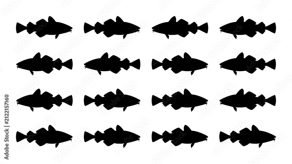 Fototapeta premium Cod Fish Silhouettes, Marine Life Vector Icons, Seafood Illustration, Aquatic Animal Graphics, Black and White Pattern