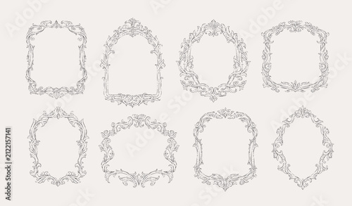 Set of doodle rococo or baroque mirror frame for packaging, wedding greeting card or scrapbooking. Hand drawn vintage vector