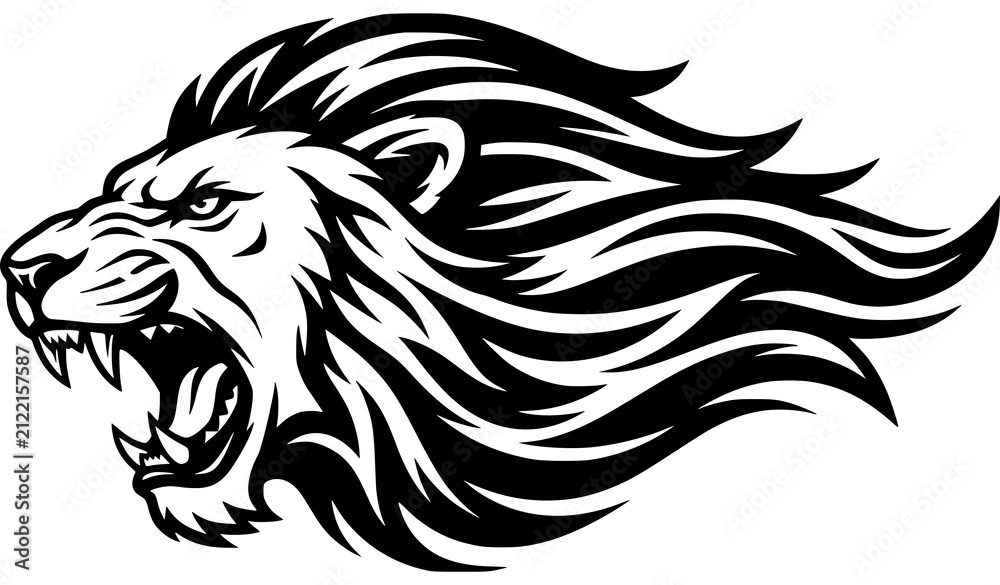 Obraz premium Bold Roaring Lion Head Illustration with Flowing Mane and Strong Wild Animal Line Art Design
