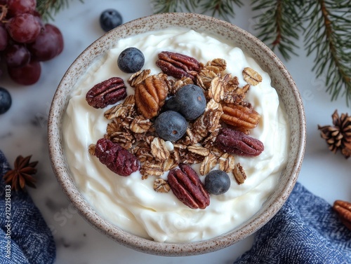 Yogurt in bowl with blueberries, granola, pecans, and seasonal decorations. Use it to promote healthy eating, breakfast recipes, or seasonal treats.