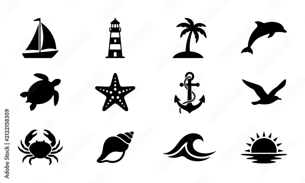Fototapeta premium Nautical Icons Set: Sailboat, Lighthouse, Palm Tree, Dolphin, Turtle, Starfish, Anchor, Seagull, Crab, Seashell, Wave, Sunrise - Marine Vector Graphics