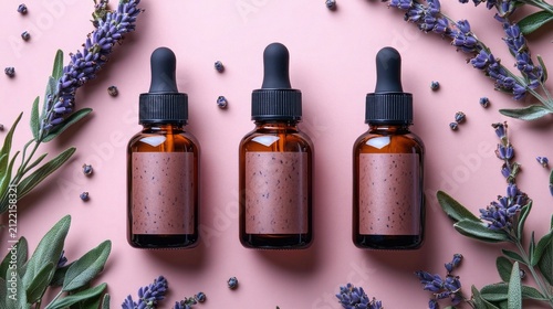 Three brown bottles are arranged with lavender flowers on pink background. Showcase beauty products, essential oils, and natural wellness concepts.