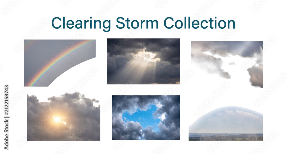 Obraz premium Clearing storm collection set with rainbow arc, sunbeams, and light clouds isolated on transparent