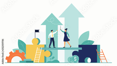 flat vector business growth concept with team building upward arrows representing financial success investment and strategic development