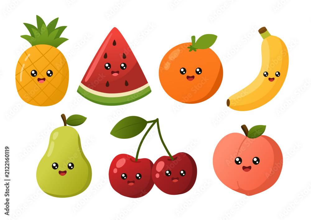 Fototapeta premium Set of Colorful Kawaii Fruit Illustrations Featuring Happy Faces and Smiling Expressions for Creative Design Projects
