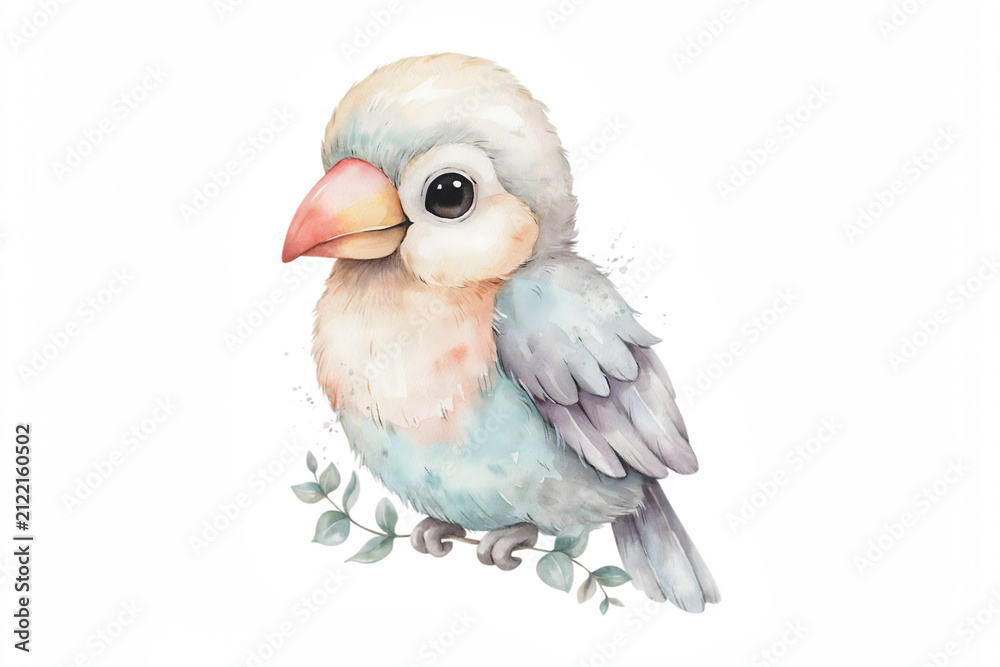 Obraz premium Whimsical watercolor of a tiny bird with light blue and grey plumage perched on a small twig isolated on a white background