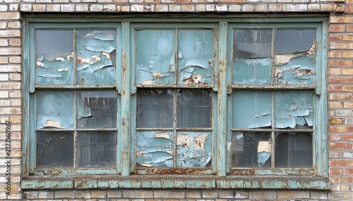 Weathered teal window frame with peeling paint set in a brick wall. Great for backgrounds, decay, urban exploration and texture overlays.