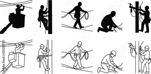 Electrical lineman and utility technician repairing power lines vector set in silhouette and line art styleElectrical lineman and utility technician repairing power lines vector set in silhouette 
