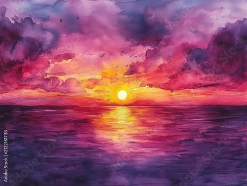 Watercolor painting featuring a sunset over the sea with pink and purple clouds. Use this for creative projects that require artistic backgrounds or digital art.