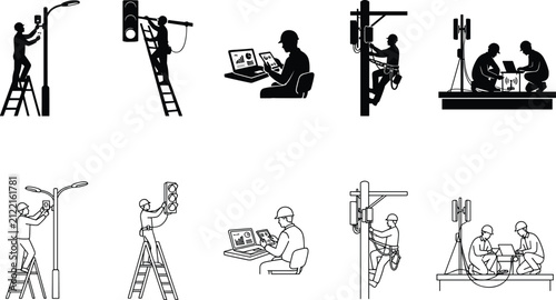 Принти на полотні Electrical technician and utility worker maintenance vector set in silhouette an