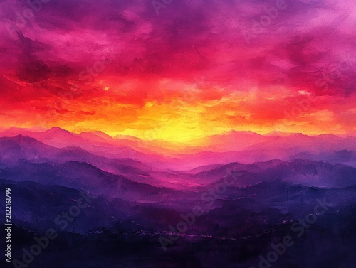 Oil painted, abstract landscape with purple mountains and colorful sky. For backgrounds, art projects, or expressing the beauty of nature.